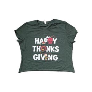 Peanuts Snoopy Charlie Brown Happy Thanksgiving Green Crop T-Shirt Womens XL EUC